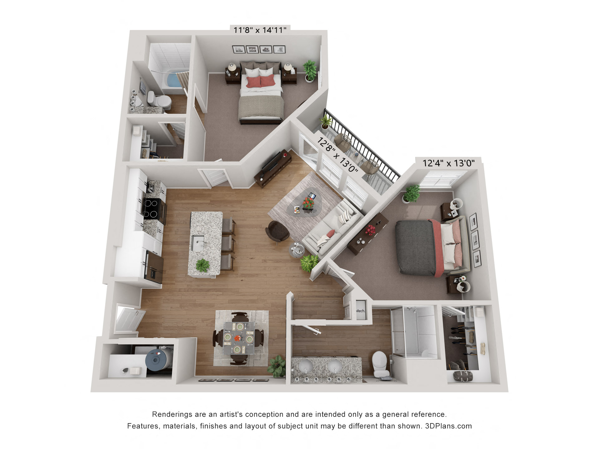 Floor plan for 2 beds, 2 baths, 1031 sqft